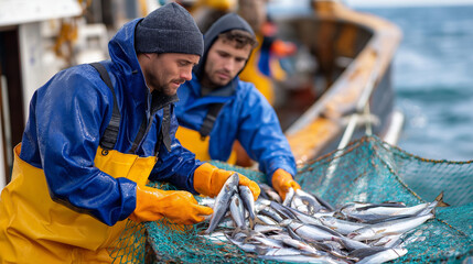Two faceless fishermen in waterproof gear sorting freshly caught fish from net on fishing boat, showcasing hard work and dedication of fishing industry, defocused sea, with copy sp