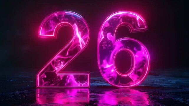 Abstract Neon Glowing 26 Number Animation with Colorful Liquid Inside and Reflective Surface