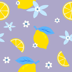 Seamless vector pattern with bright yellow lemons, lemon slices, blue leaves, and delicate white citrus flowers on a lilac background
