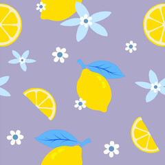 Seamless vector pattern with bright yellow lemons, lemon slices, blue leaves, and delicate white citrus flowers on a lilac background