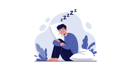 Sleepy person sits on the floor hugging a pillow in a calm blue environment with soft plants and a peaceful night mood for restful dreams.