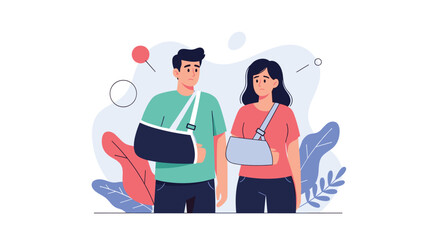 Two people wearing arm slings stand together in a soft abstract outdoor scene conveying care and resilience after an injury.