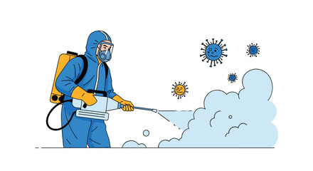 Disinfection worker in a protective hazmat suit uses a sprayer to sanitize a space and suppress airborne germs during a cleaning operation in progress.