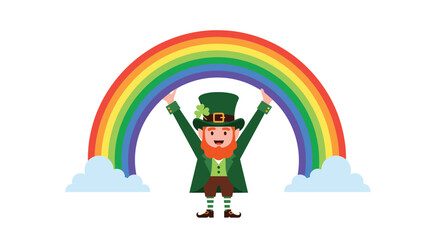 Cheerful leprechaun in a green suit and hat raises his arms beneath a bright rainbow arch between fluffy blue clouds for a festive St Patrick mood.