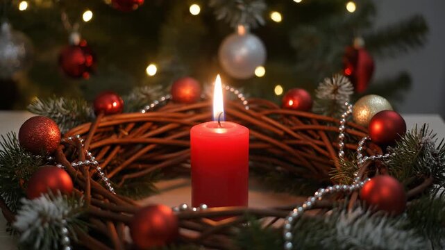 light the first red candle of an advent wreath 
