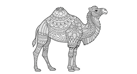 Camel illustration in an intricate decorative line art style featuring ornate geometric patterns and ornamental detailing across the body legs and neck.