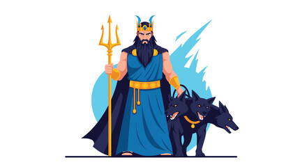 Regal mythic king stands in a blue robe with a gold belt and crown holding a trident beside Cerberus the three headed guardian of the underworld.