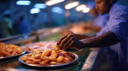 Faceless workers sorting and preparing fresh fish at bustling seafood processing facility during early morning hours, dawn operations, industrial production, defocused plant, with 