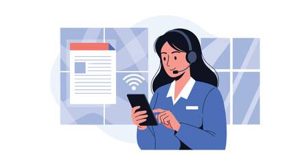 friendly customer service agent wearing a headset guides a client using a smartphone in a bright blue office setting with windows and digital documents visible.