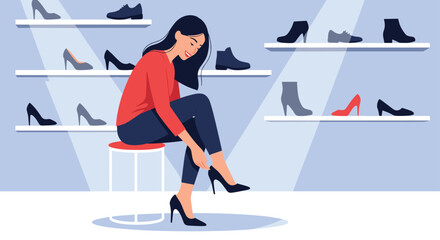 Young woman sits on a small stool in a bright stylish shoe shop trying on an elegant high heel while browsing shelves of fashionable footwear.
