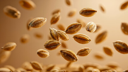 A close-up photograph of several almonds in mid-air with a blurred background that suggests motion