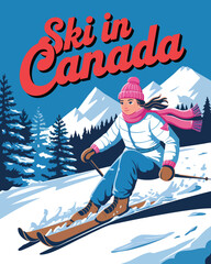 Ski in Canada vintage winter travel poster, alpine adventure illustration, scenic mountain skiing landscape, classic tourism artwork for cold season holidays