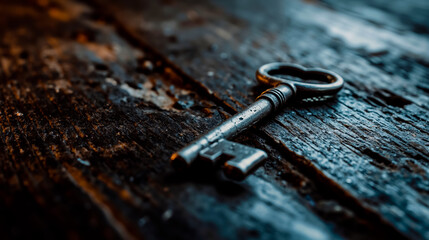 A key is lying on a wooden surface