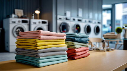 A stack of folded laundry on a table in a laundromat