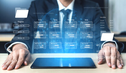 Project management system showing workflow stages, task progress, and review status. Task progress tracks completion, task progress improves workflow, and task progress ensures visibility. Vouch