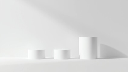 3D studio scene featuring a set of smooth, matte white cylindrical podiums arranged in a staggered foreground composition