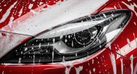 Closeup of a vibrant red car headlight covered in cleansing foam during a detailed wash