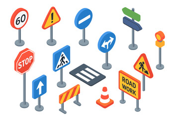 Traffic signs isometric icon set. featuring stop sign, speed limit, road work, pedestrian crossing, and directional arrows