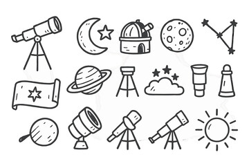 Obraz premium Space exploration linear icons set. featuring telescope, moon, observatory, constellation, planet, and sun symbols