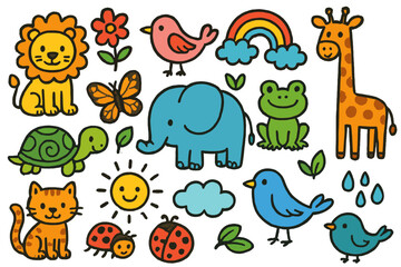 Obraz premium Animal and nature elements flat icon set. featuring lion, butterfly, turtle, elephant, cat, giraffe, and bird symbols