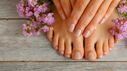 A close-up of a person's feet with painted toenails surrounded by pink flowers