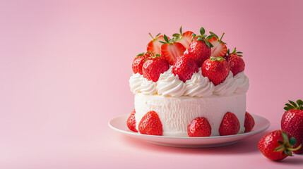 Fluffy Japanese Strawberry Shortcake With Whipped Cream and Fresh Strawberries on Pink Background