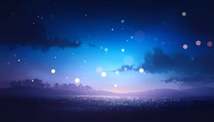 Fototapeta premium 深いブルーと淡いバイオレットが溶け合う夜空に、柔らかく発光する粒子が漂う抽象背景です。 霞んだ光と滑らかなグラデーションが、記憶がゆっくりと薄れていく感覚を表現しています。 静かな悲しさや内省的な感情を想起させる、ドリーミーで情緒的な雰囲気です。