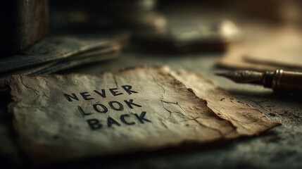 Fototapeta premium A crumpled note bearing “NEVER LOOK BACK” rests beside a fountain pen on a rustic desk. Its weathered look and bold message evoke determination and forward-moving resolve.