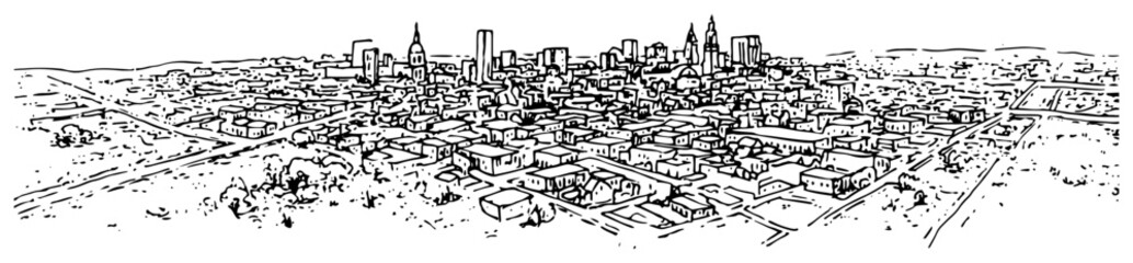 Hand drawn vector banner depicting panoramic cityscape skyline