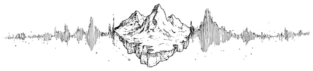 Obraz premium Floating mountain island with audio waveform line art