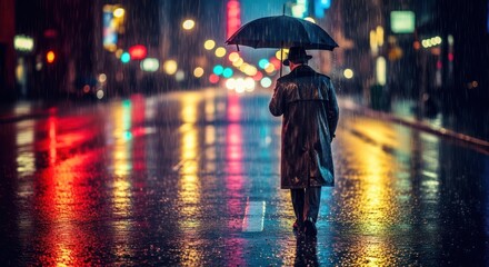 Solitary figure walks through a vibrant, rain-soaked city street at night