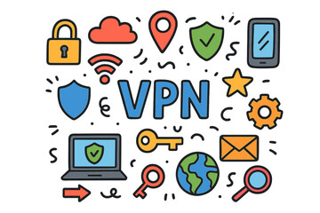 Cybersecurity linear icon set. featuring vpn, lock, cloud, location, shield, smartphone, wifi, gear, globe