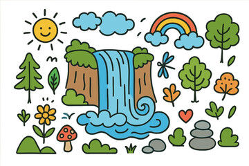 Fototapeta premium Nature elements flat icon set. featuring waterfall, tree, sun, cloud, rainbow, flower, and mushroom