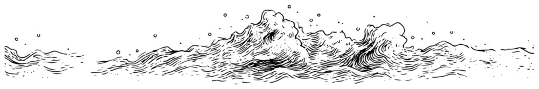 Rough ocean waves with foam and splash hand drawn horizontal border