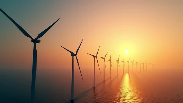 Wind turbines turn with power of wind on coast, producing renewable energy. sustainable energy generation. Wind turbines along coastline generate electricity, sun sets behind them. powerful turbine