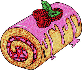 Raspberry Cake Roll Isolated Illustration with Grainy Texture, Pastry Sweet Bakery Drawing