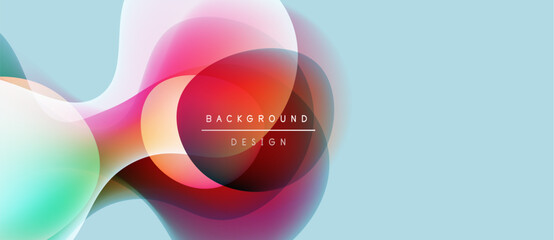 Abstract fluid shapes overlap, creating vibrant color gradients. Background features text background design. Soft blue backdrop complements flowing forms.