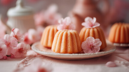 Pastel Peach Tones Minimalist Catalog Shot of Apricot Almond Cakes With Pink Cherry Blossoms