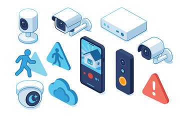 Security technology isometric icon set. featuring camera, dvr, warning, cloud, smartphone, and motion detection symbols
