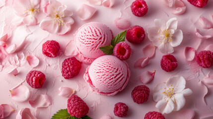 Pink Raspberry Sorbet Scoops With Fresh Berries And Delicate Flowers On A Textured Pale Rose