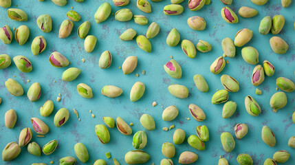 Pistachio Nuts Sprinkled with Pastel Coating on Textured Turquoise Background