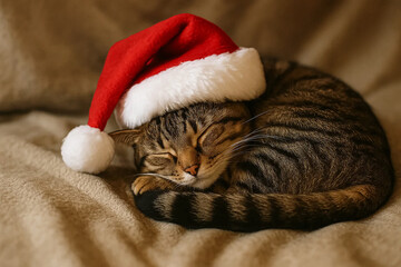 Cute tabby cat sleeping with Santa hat on cozy blanket