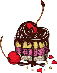 Cherry Chocolate Layered Cake Isolated Illustration with Grainy Texture, Pastry Sweet Bakery Drawing