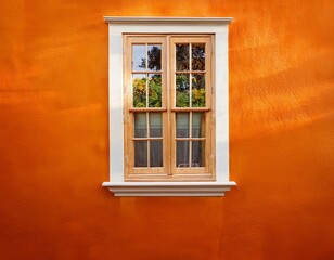 Fototapeta premium bold orange wall frames a classic wooden window with glass panes photo texture