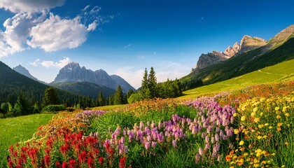 colorful flowers blooming in the meadow under mountains garden flowers green