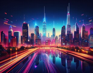 stunning city skyline at night with illuminated skyscrapers vibrant urban lights panoramic view modern architecture and captivating nightscape scene