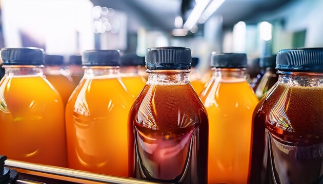 row of colorful fruit juice bottles on a beverage factory production line amber liquid drinks in glass bottles caps screw caps - Powered by Adobe