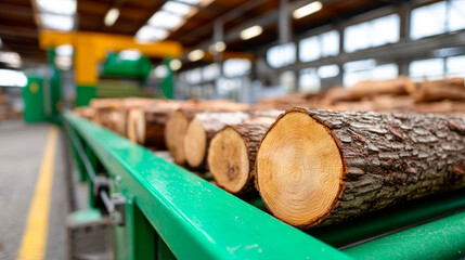 Logs on a conveyor belt. Logs are placed on a green conveyor belt inside a woodworking facility during daylight hours.