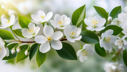 Obraz premium elegant white flowering branch with delicate blossoms lush green leaves vibrant petals and artistic natural details for garden floral decor and seasonal beauty