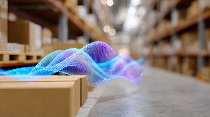 Digital warehouse boxes. Workers are arranging boxes in a warehouse with glowing digital patterns in the aisle during daytime.